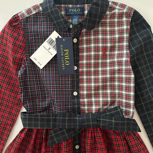 Polo Ralph Lauren Girls 5 Plaid Poplin Shirt Dress Holiday Christmas Red Blue - Picture 2 of 8